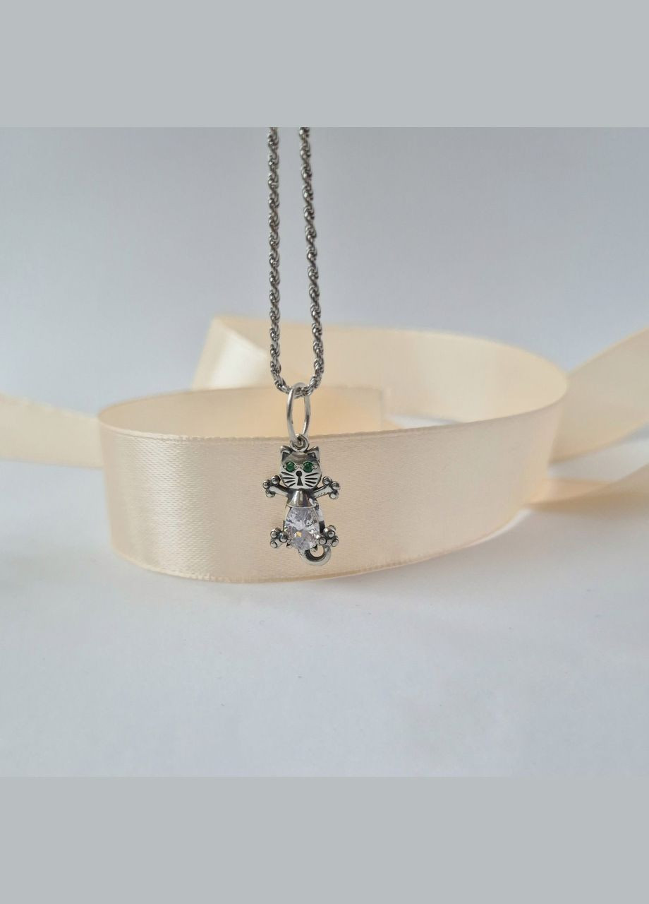 Серебряная подвеска кулон Кот с Зелеными глазками серебро 925 пробы Черненное 3091 1.80г No Brand (317206170)