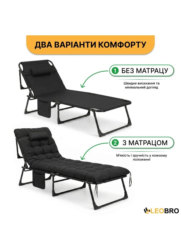 Розкладне ліжко (розкладачка) з матрацом і подушкою Black (LB-FB-A1-BLK) LEOBRO (397572734)