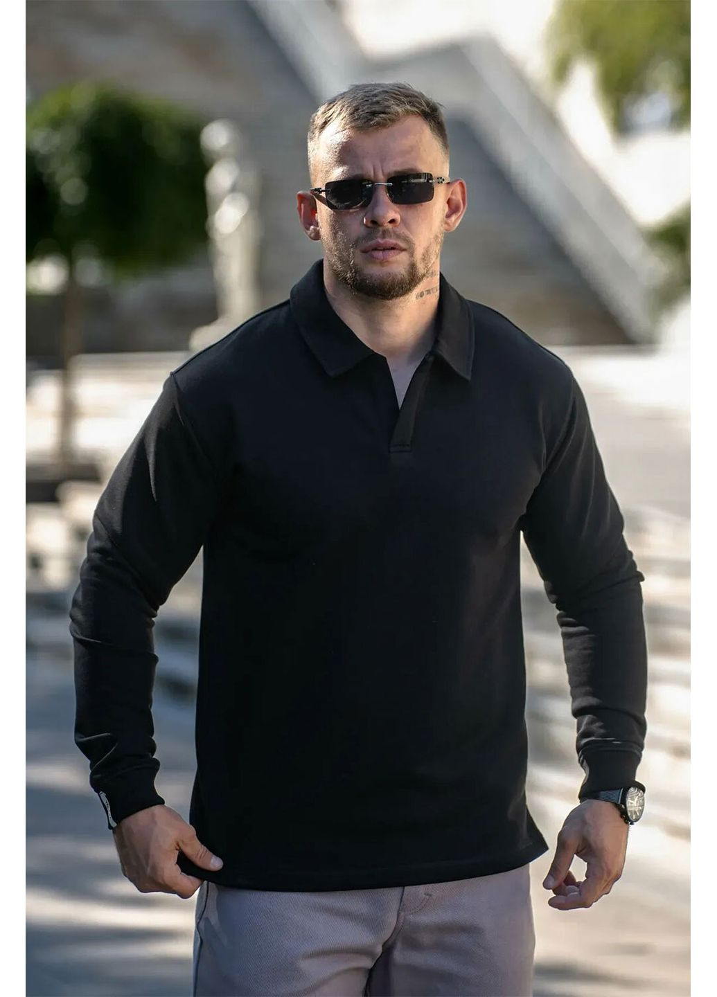 Чорний чоловічий трикотажний світшот-поло з коміром, чорний Teamv однотонний (372519862)