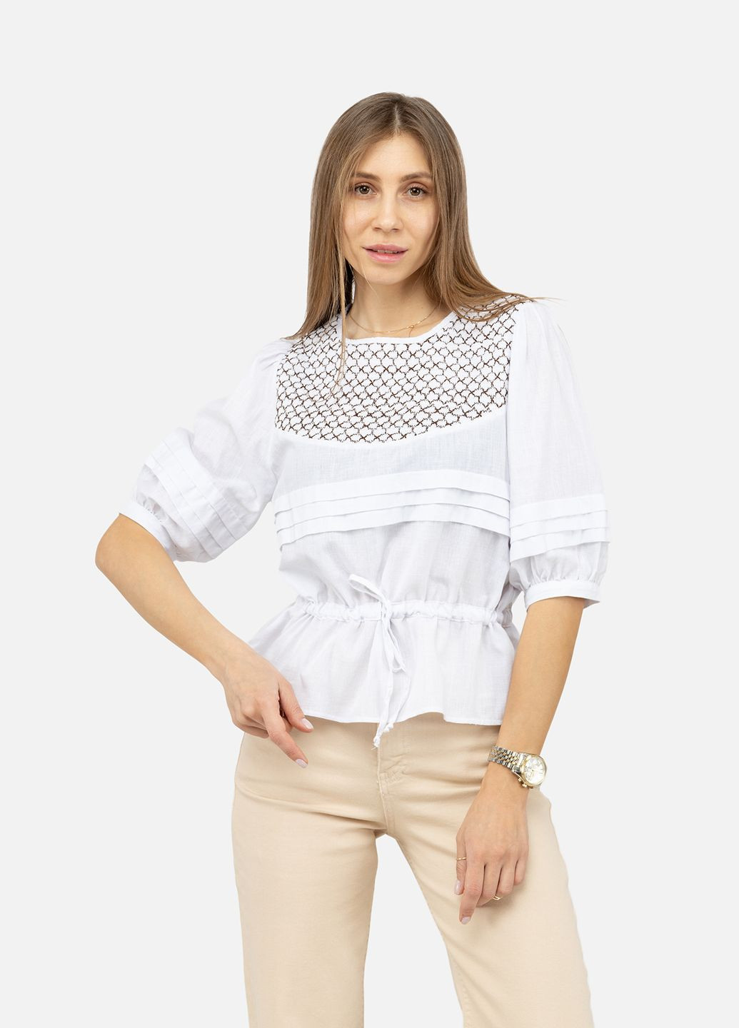 Біла жіноча вишиванка з коротким рукавом колір білий cb-00245320 Reyon льон (309004150)