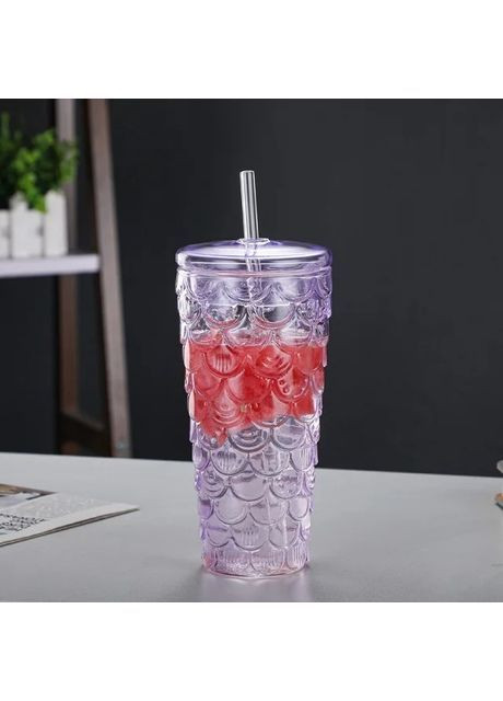 Стакан 580 мл с трубочкой и крышкой, боросиликатное стекло – Хвост русалки – для горячих и холодных напитков, фиолетовый More (366088869)