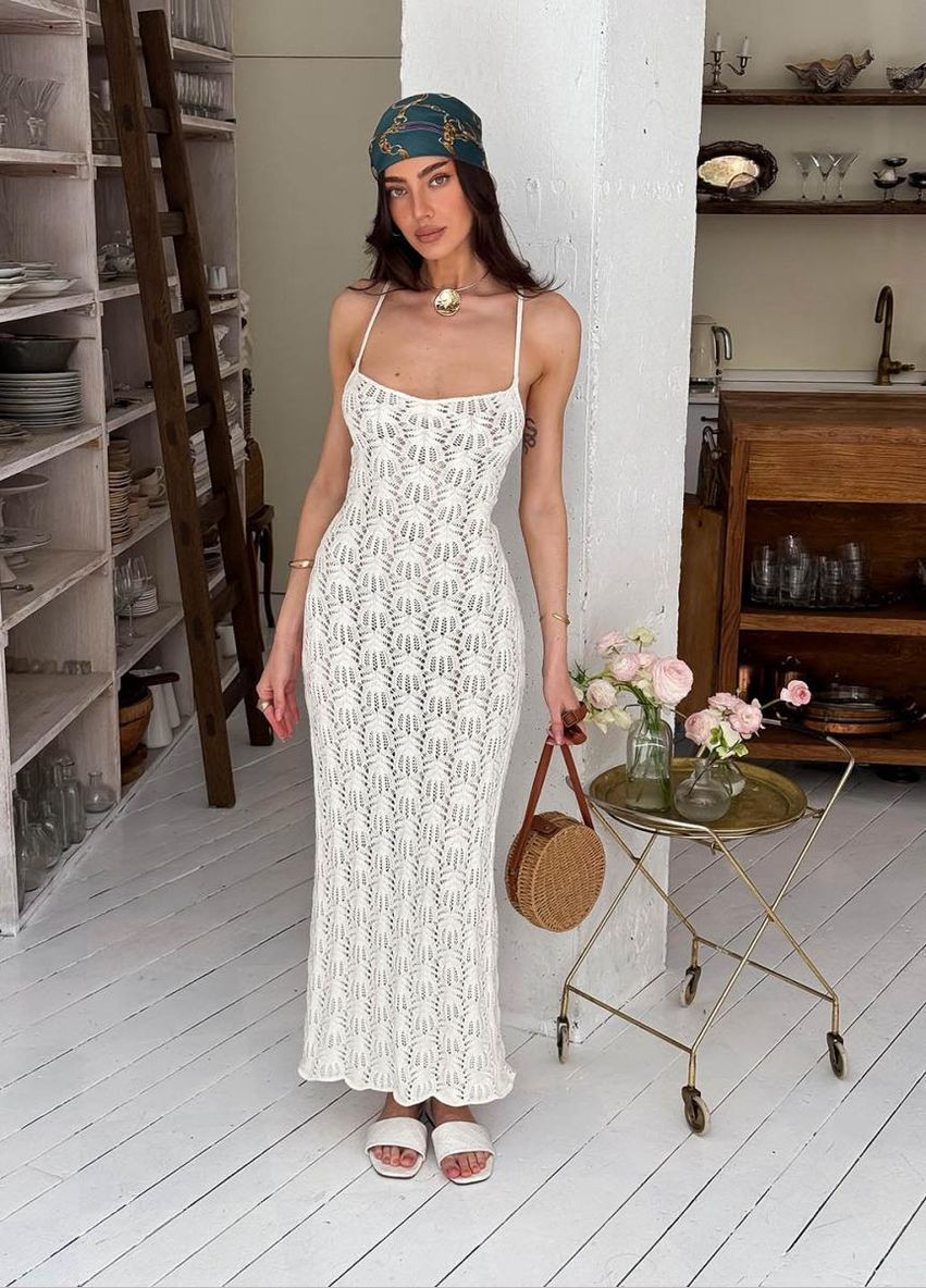 Молочное кэжуал пляжное платье кружево Art Knit однотонное