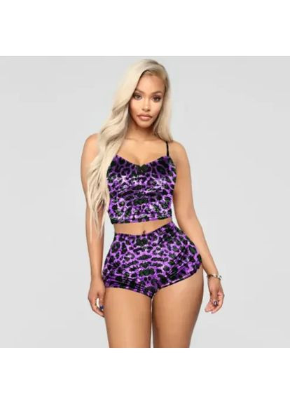 Фиолетовая велюровая женская пижама с леопардовым принтом. велюровая женская пижама с топом и шортами без бретелек China