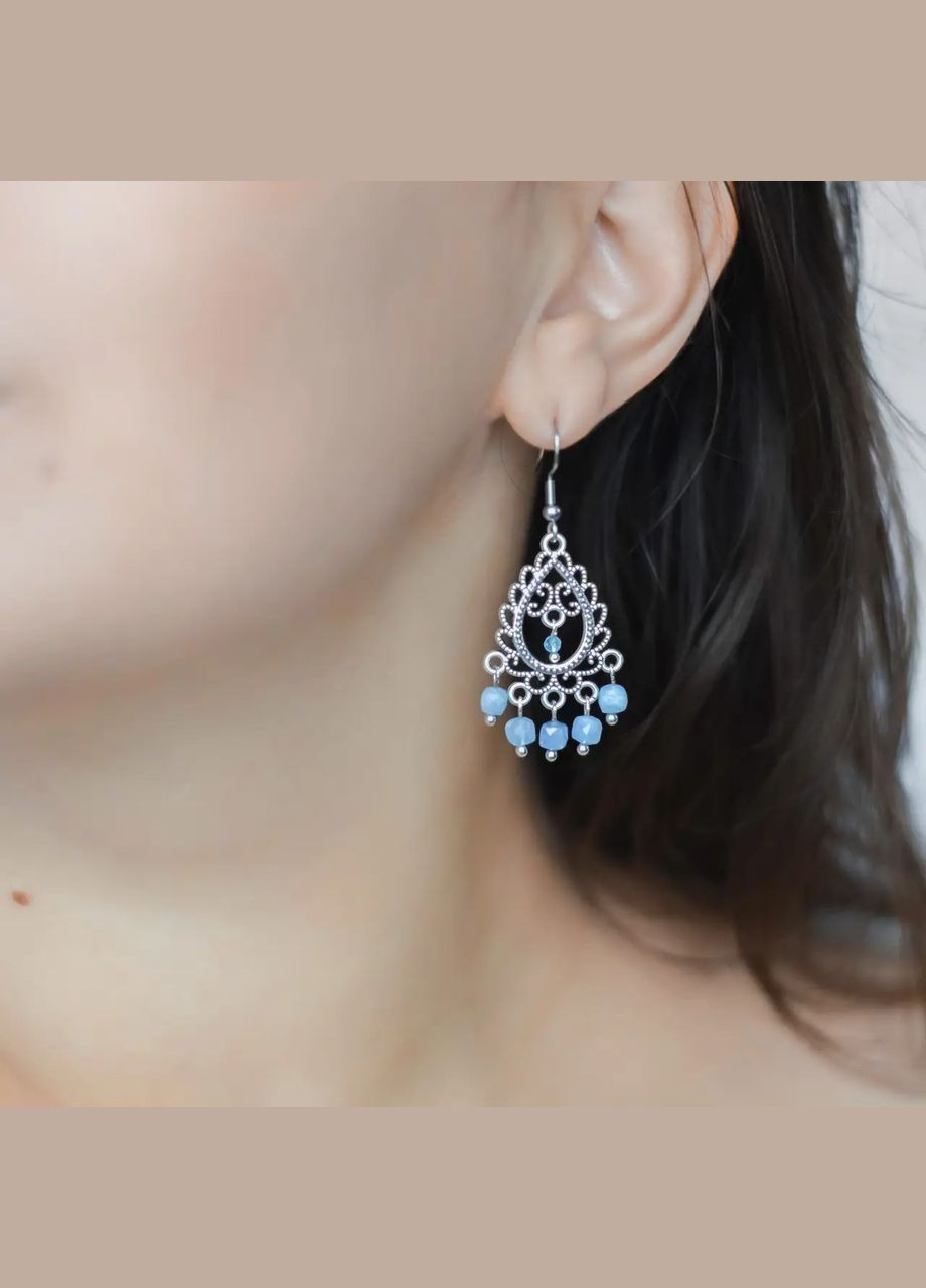 Серьги Ажурные натуральный Турмалин синий кубик + Топаз, фур-ра цвет сталь d-4х2мм+- L-52мм No Brand Підвіски (316324021)