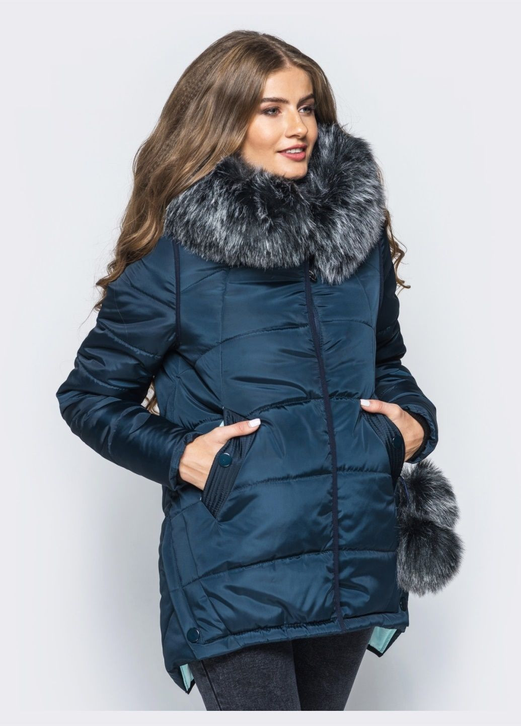 Синя зимня зимова куртка темно-синього кольору з хутром на капюшоні Dressa