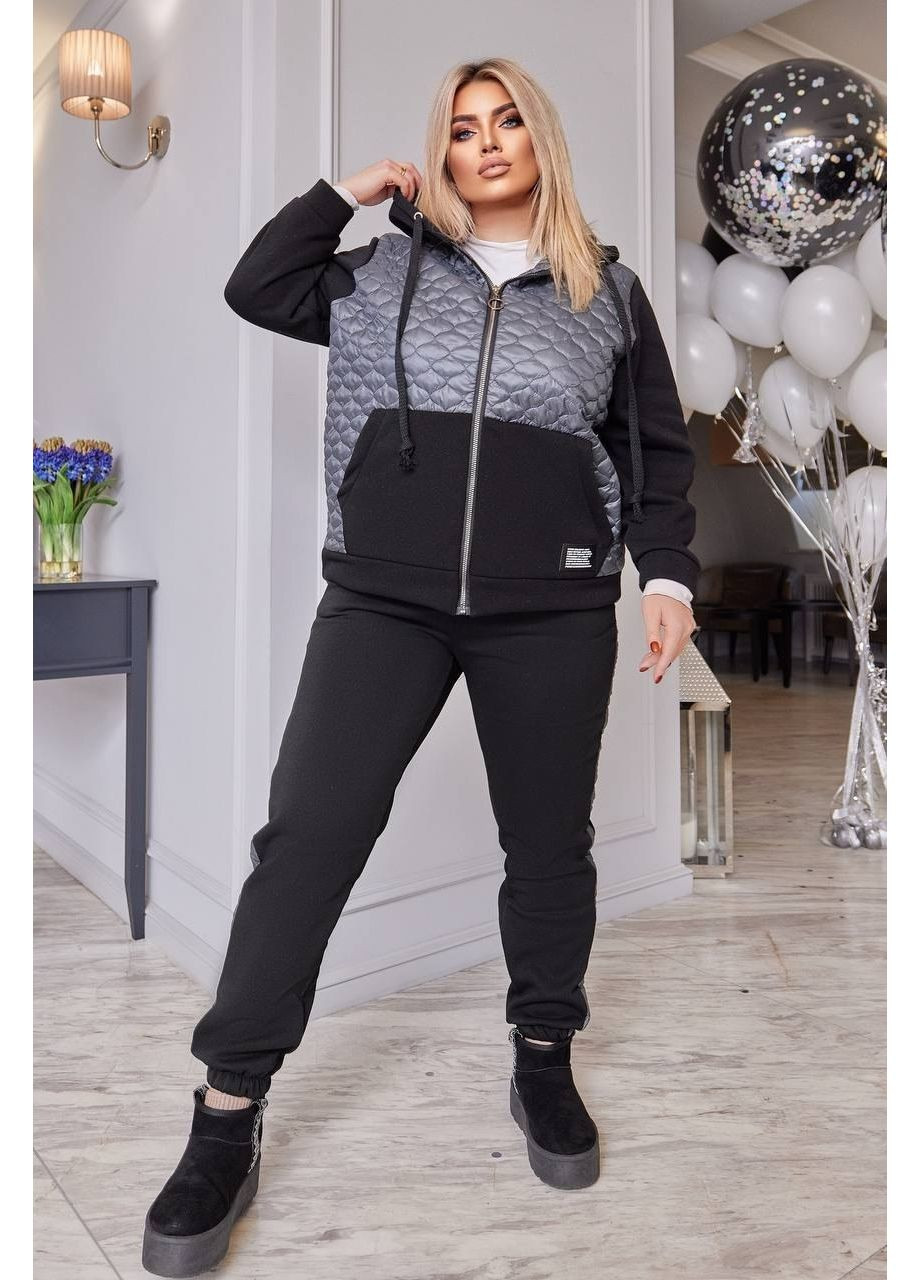 Жіночий костюм батал чорного кольору з графітовими вставками тринитка фліс плащівка утеплений з капюшоном Boni Спортивний костюм (361205250)