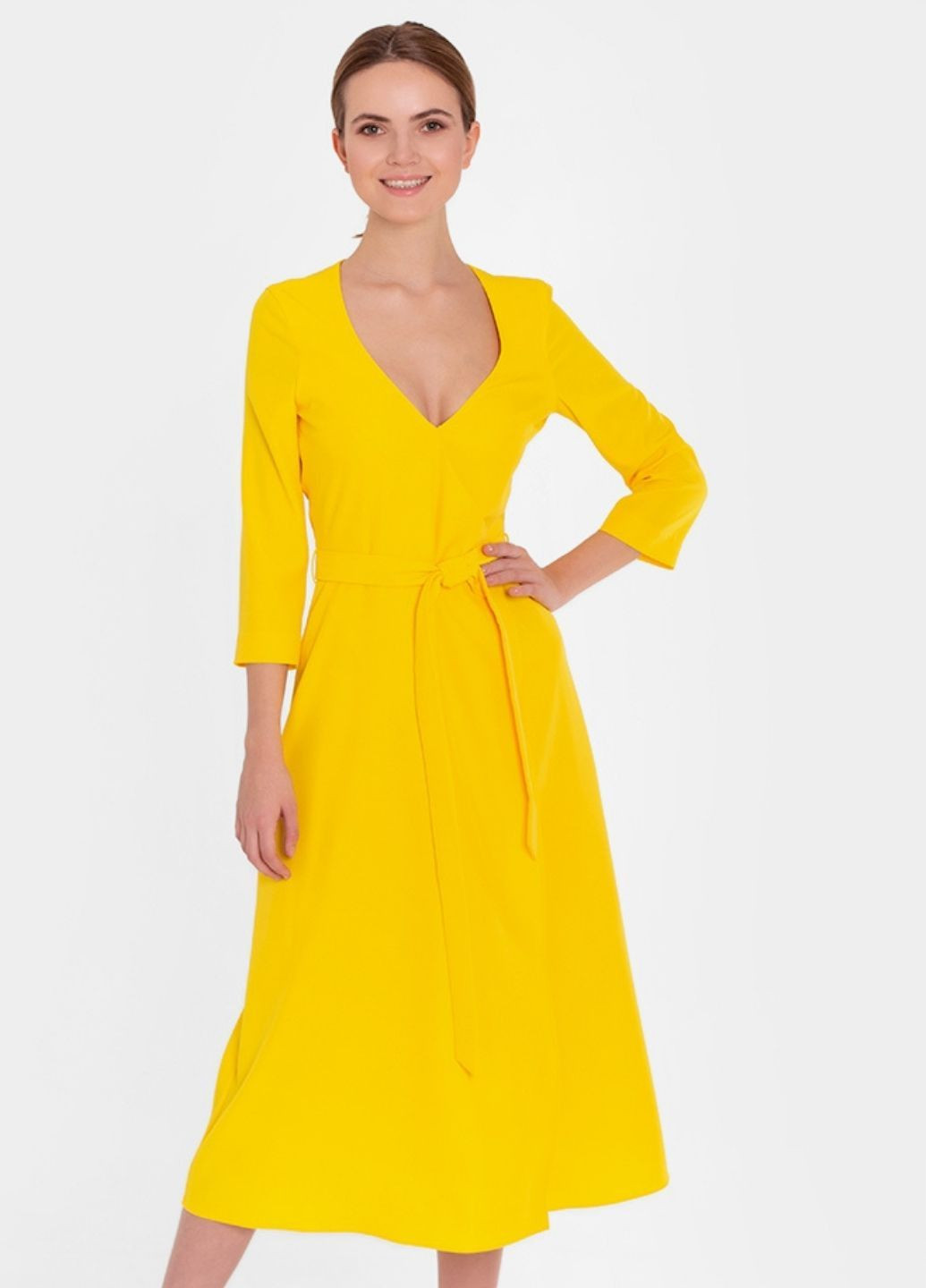 Желтое повседневный, коктейльное яркое желтое платье на запах на запах Nai Lu-na by Anastasiia Ivanova однотонное