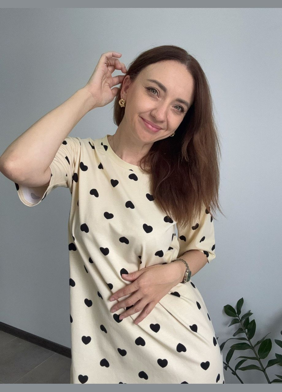 Стильная туника или ночная рубашка из хлопка на короткий рукав светло желтого цвета в принт. No Brand (347683553)