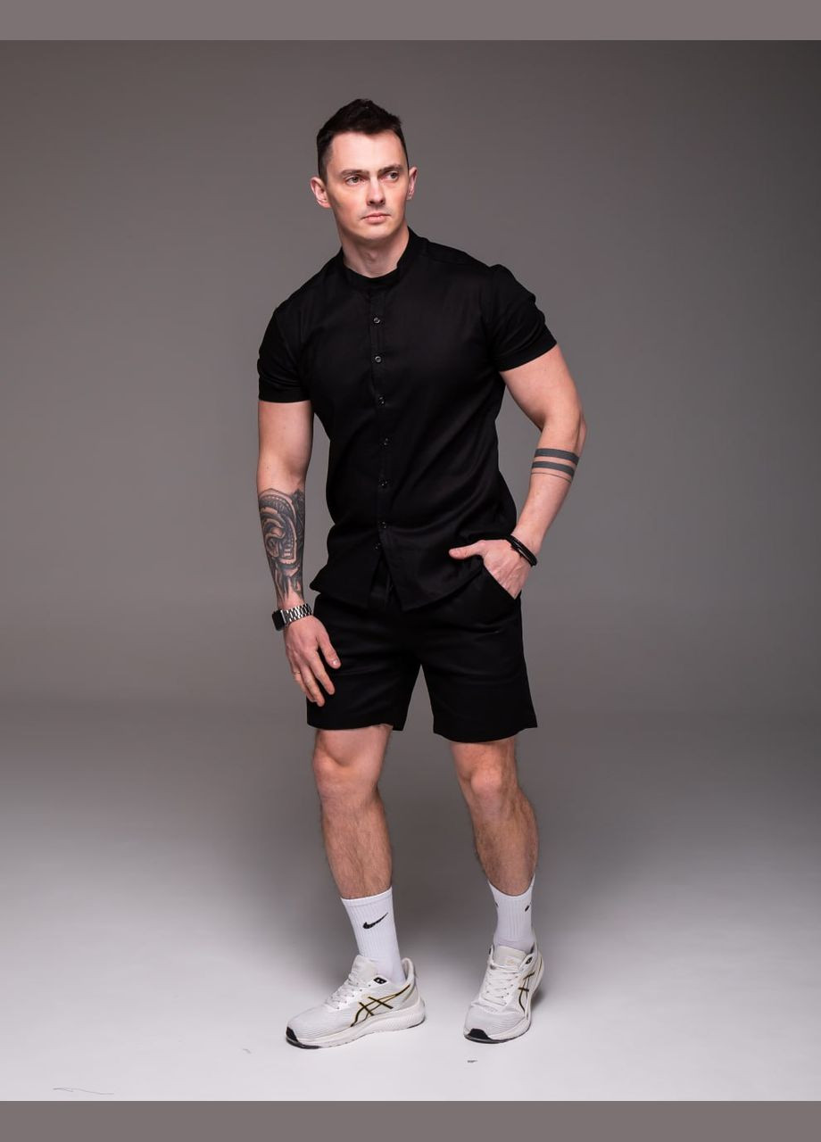 Чорний літній чоловічий комплект сорочка + шорти льон 100% No Brand