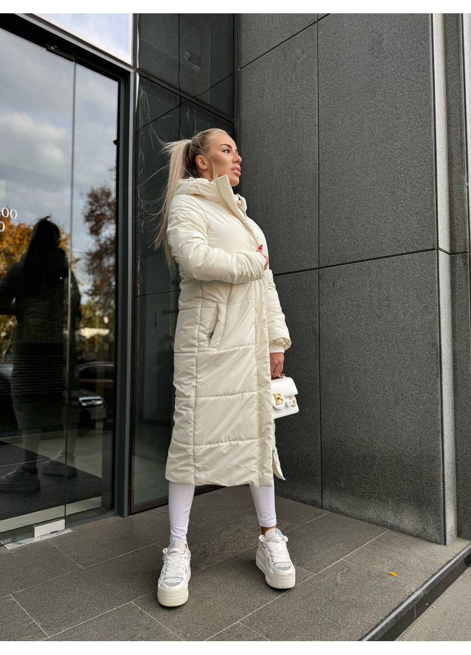 Молочна зимня довгий жіночий пуховик із поясом — заміри в описі куртка-пальто DK/DL Мода без кордонів