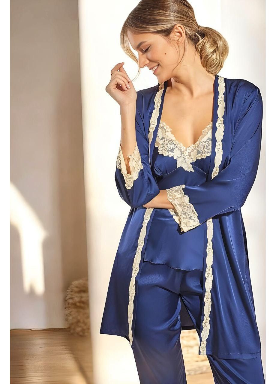 Комбінована всесезон піжамний комплект anna атласний халат + сорочка +топ + шортики + штани. чашечки з поролоном. No Brand