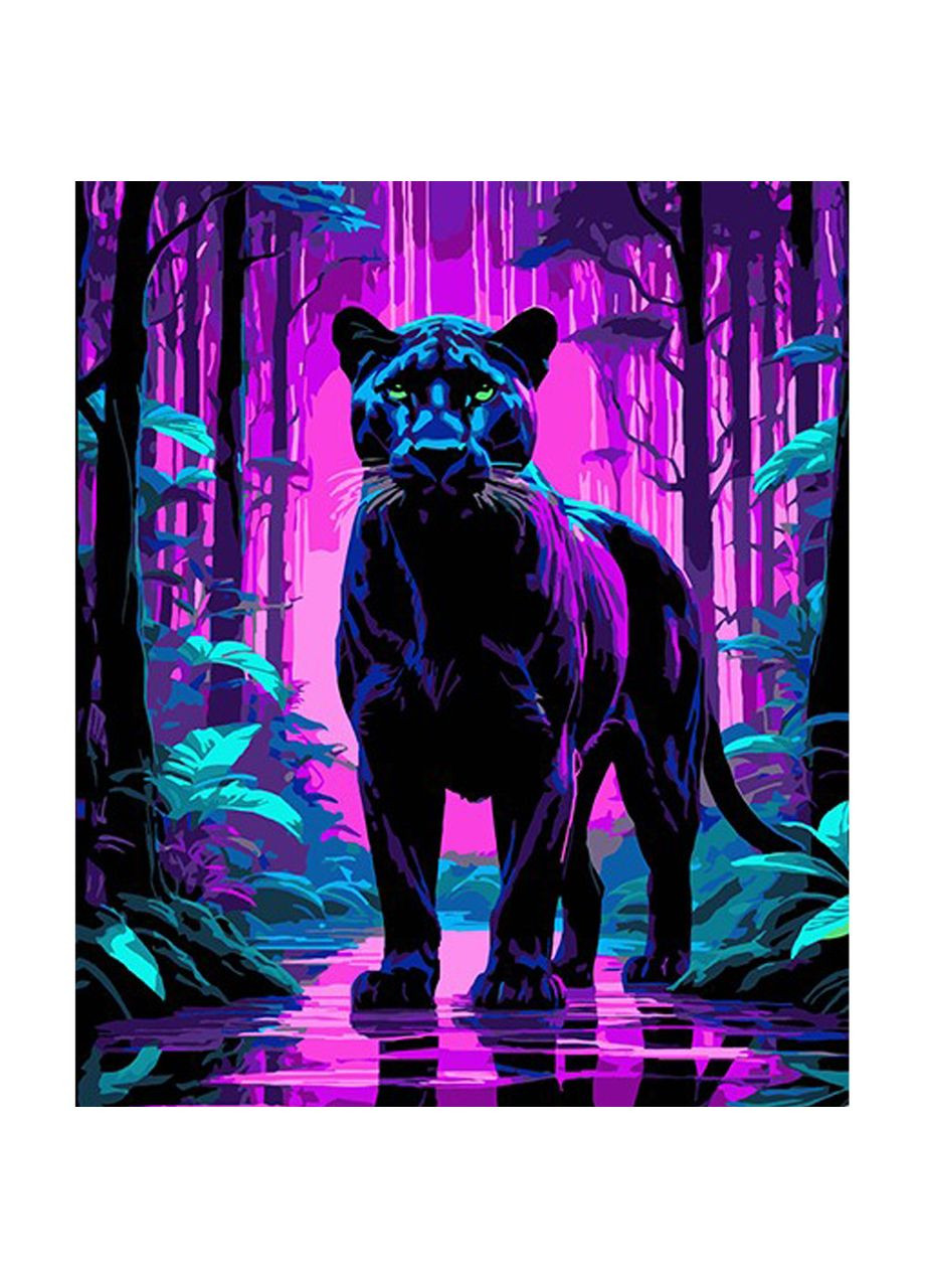 Картина по номерам ПРЕМИУМ Пантера среди фиолетовых тропиков на черном фоне размером 30х40 см (FH-12) Strateg (362500522)