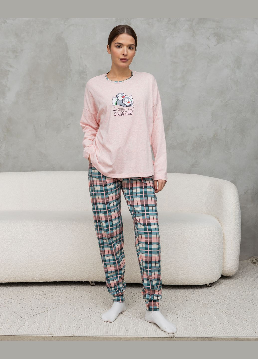 Персикова жіночий комплект зі штанами в клітку Nicoletta