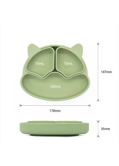 Набір силіконового дитячого посуду для прикорму на присосках оливковий з гризунком прорізувачем-брязкальцем Cheeks (354830538)