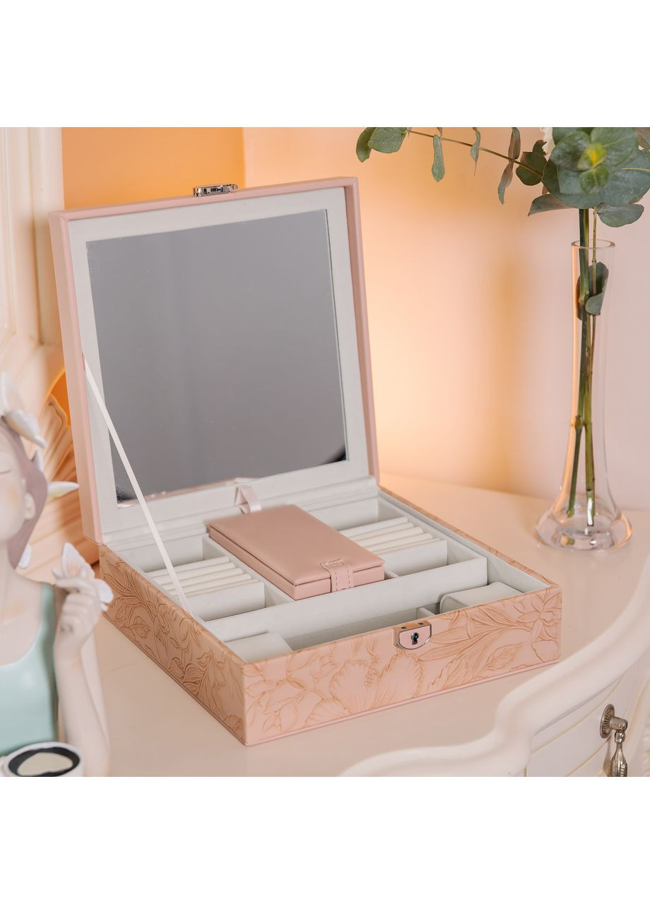 Шкатулка для украшений из экокожи 2 яруса органайзер для ювелирных изделий с замком розовая квадратная ProDobro (364189461)