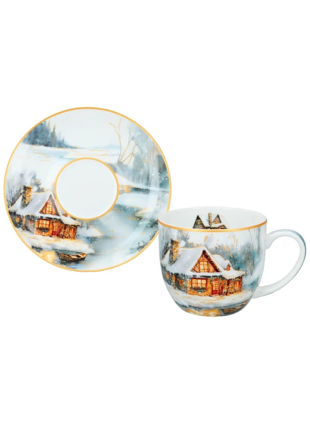 Подарунковий набір з 2-х порцелянових кухлів та блюдець Зимовий дім, 250 мл (219-9108) Carmani (370439050)