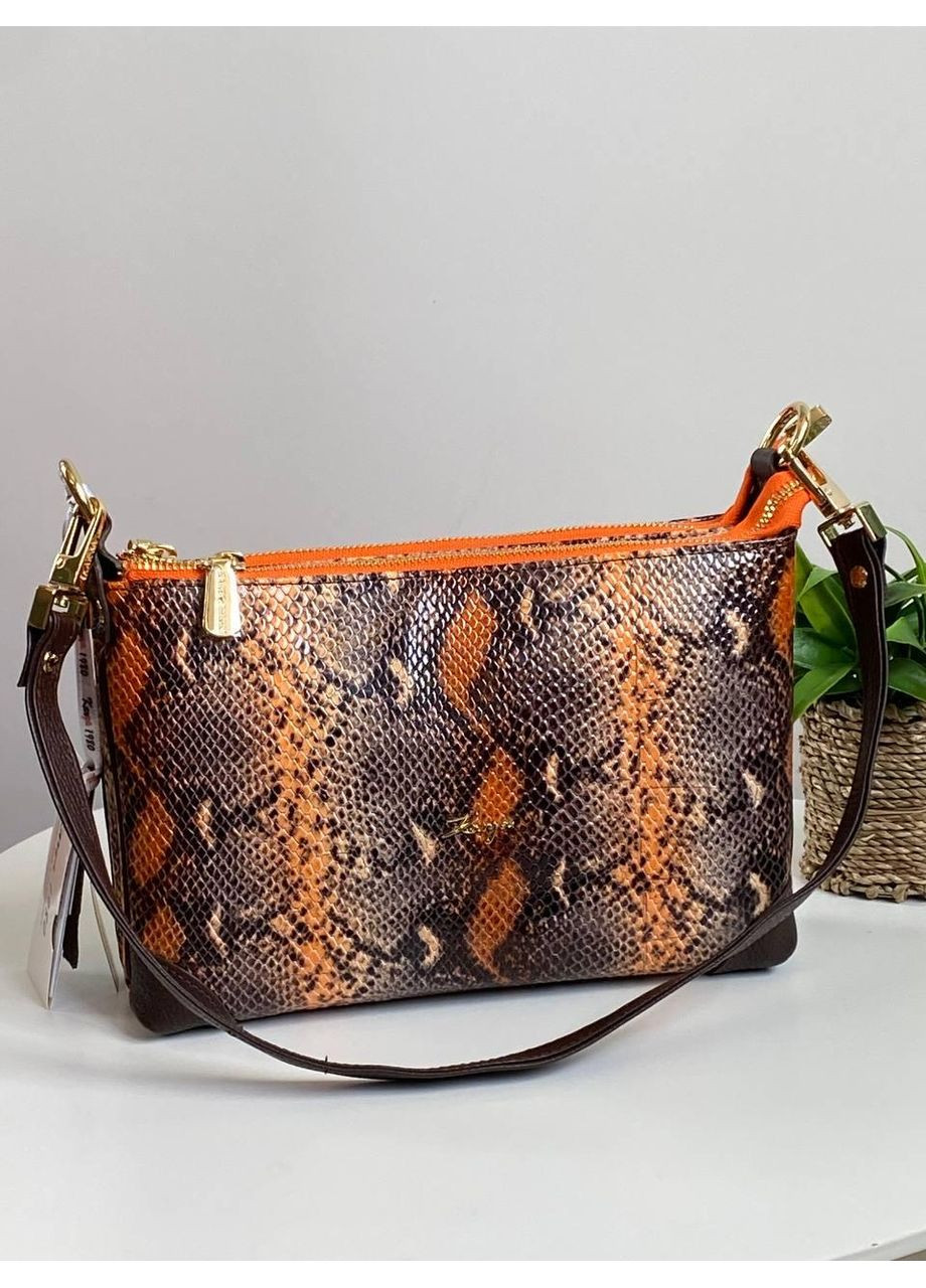 Яскрава жіноча крос-боді Туреччина помаранчева з шоколадом, натуральна шкіра рептилія, три відділи, ремінь в комплекті Karya (361147665)