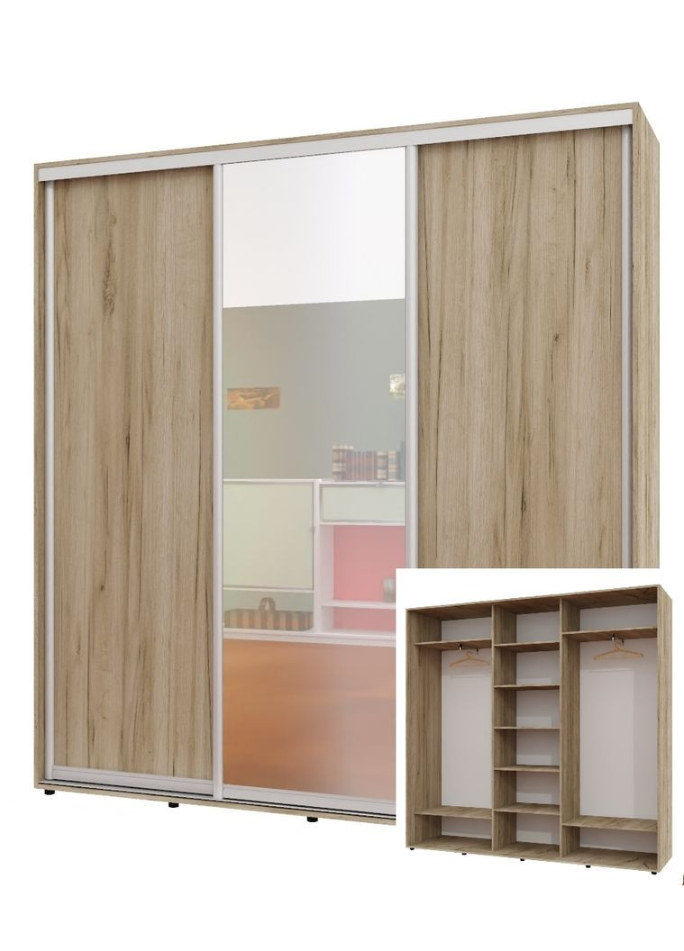 Шафа-купе тридверна 230*45*250 см Дуб крафт сірий 3 двері ДСП + Дзеркало + ДСП ШК-04 Алекса (360475025)