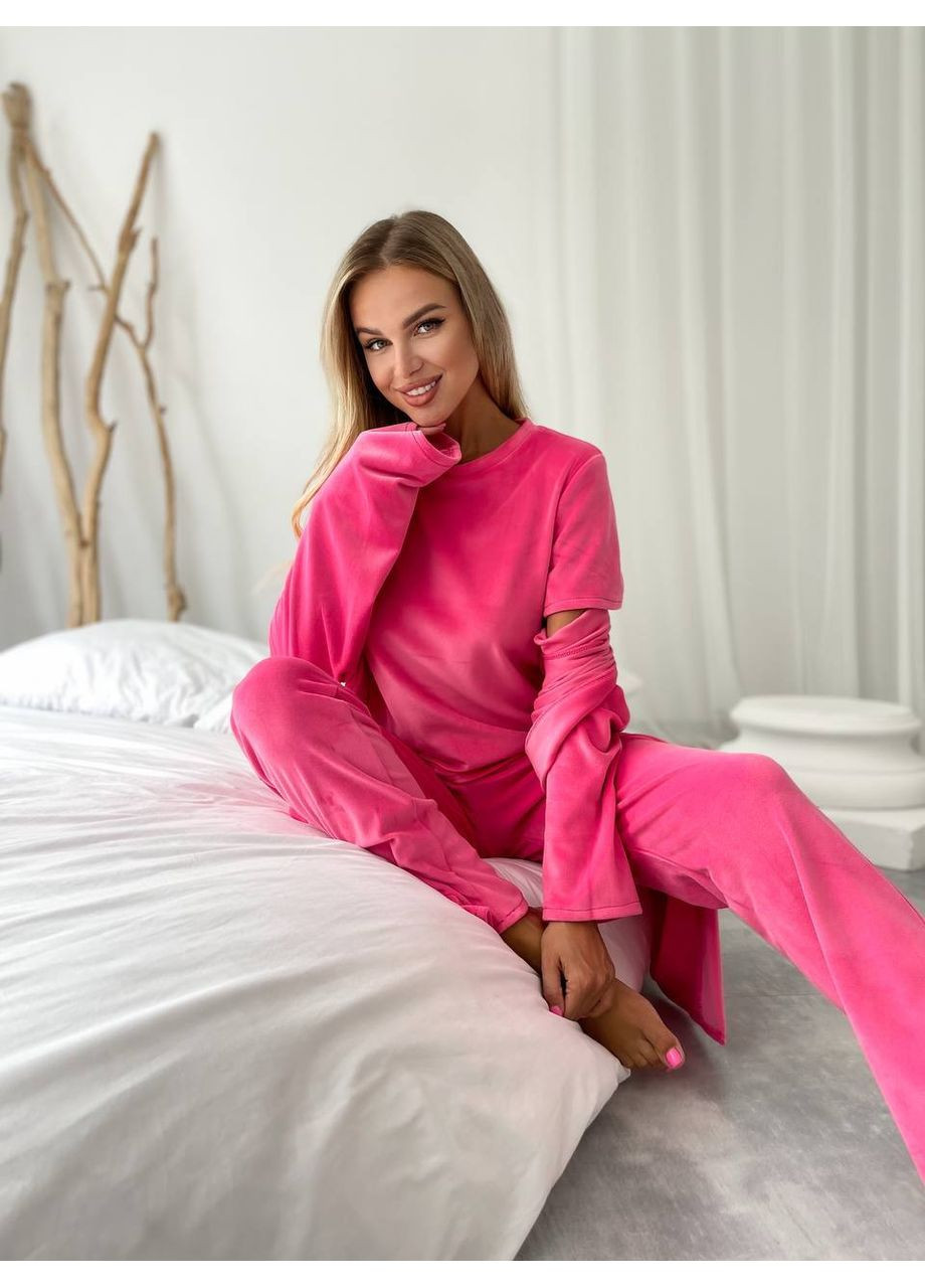 Малинова всесезон велюровий домашній комплект трійка Fashion