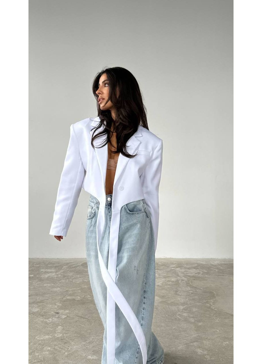 Белый женский женский укороченный пиджак с поясом Україна однотонный - всесезон