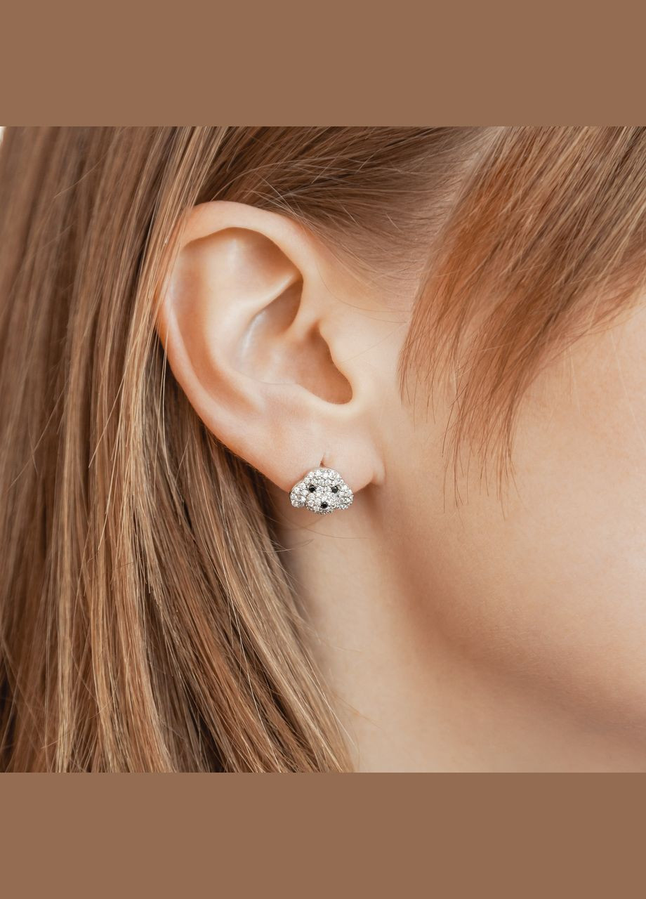 Комплект срібний Песики з білими та чорними фіанітами сережки пусети та кольє на тонкому ланцюгу No Brand (362177030)