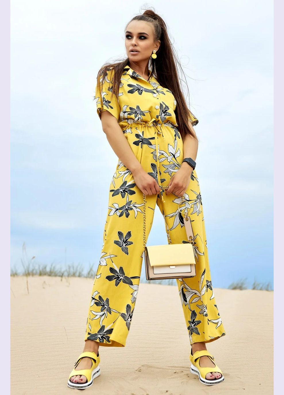 Комбінезон Seventeen комбінезон-брюки квітковий жовтий повсякденний льон