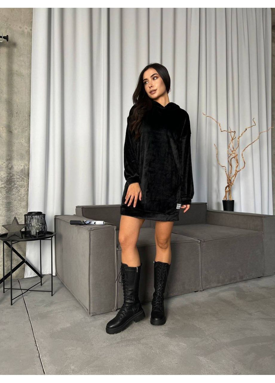 Черное платье-туника махра двухстороннее очень теплое с капюшоном Україна