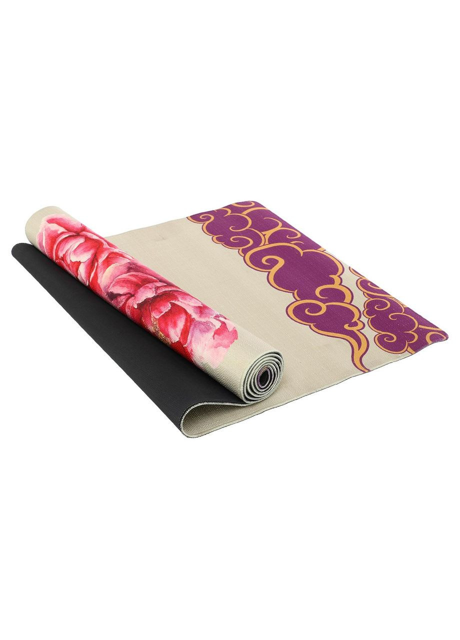 Килимок для йоги Льняний (Yoga mat) двошаровий 3мм (розмір 183x61x0,3см, джут, каучук, бежевий, з принтом Сакура) Record (361434941)