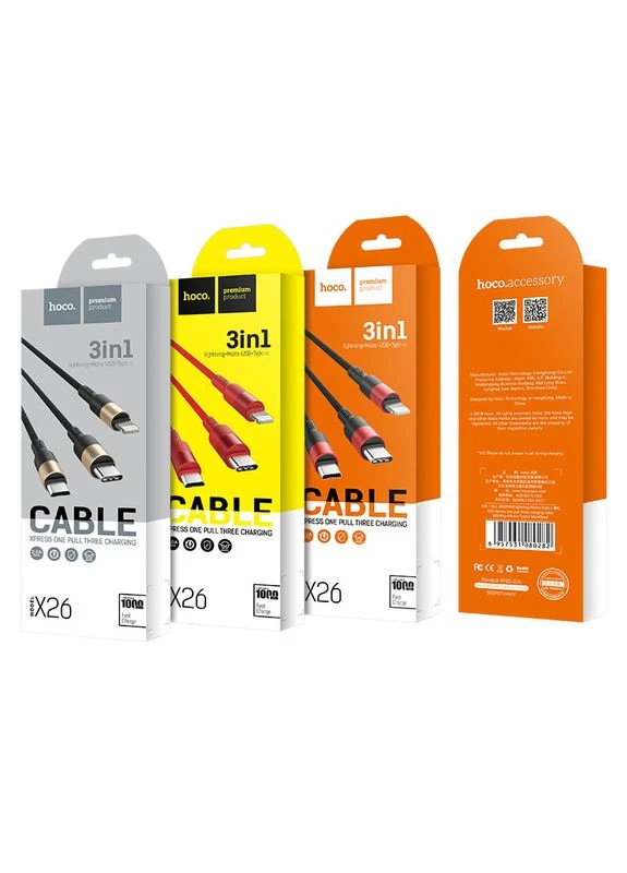 Кабель X26 USB to iP+Type-C+Micro 2A, 1m, nylon, aluminum connectors Чорний+Золотистий Hoco (388776832)