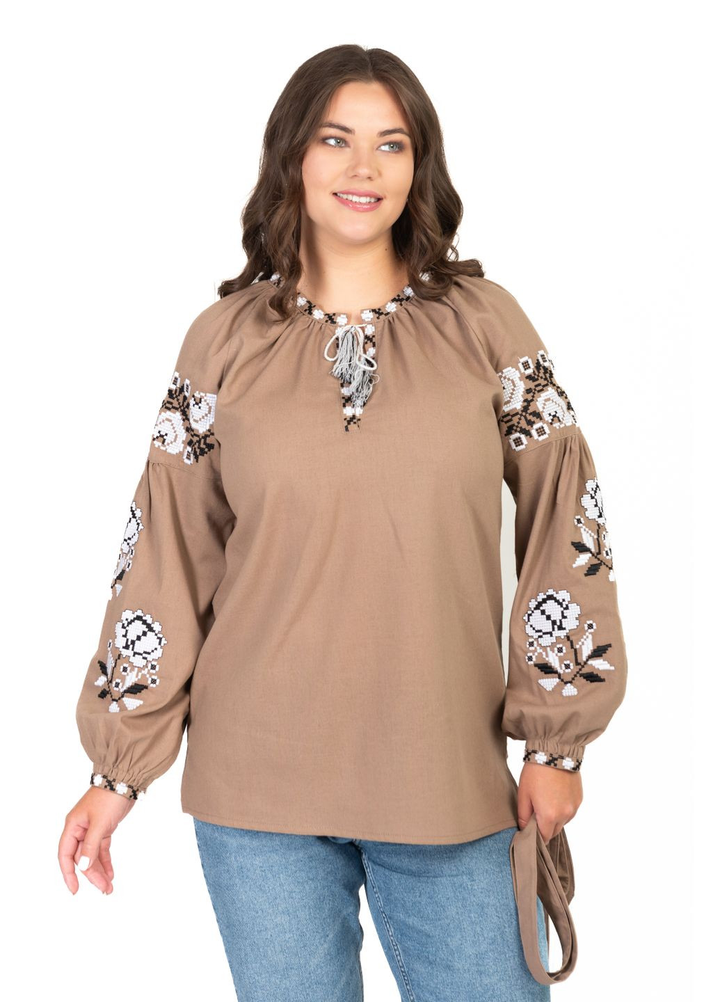 Коричневая женская блуза с вышивкой розы (мокко) Golfstream прямой лен (338881481)