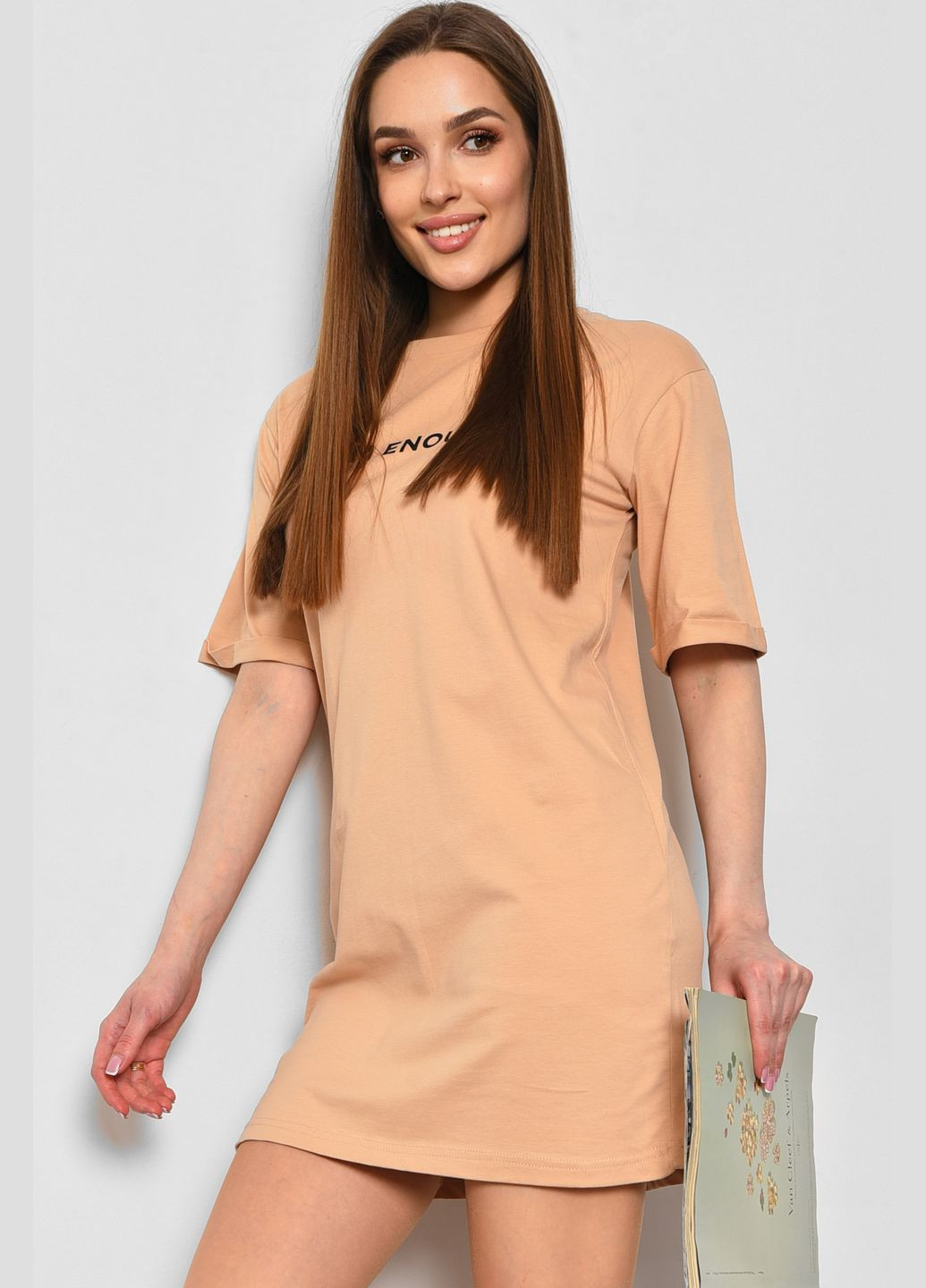 Туника женская из ткани лакоста бежевого цвета Let's Shop (290981433)