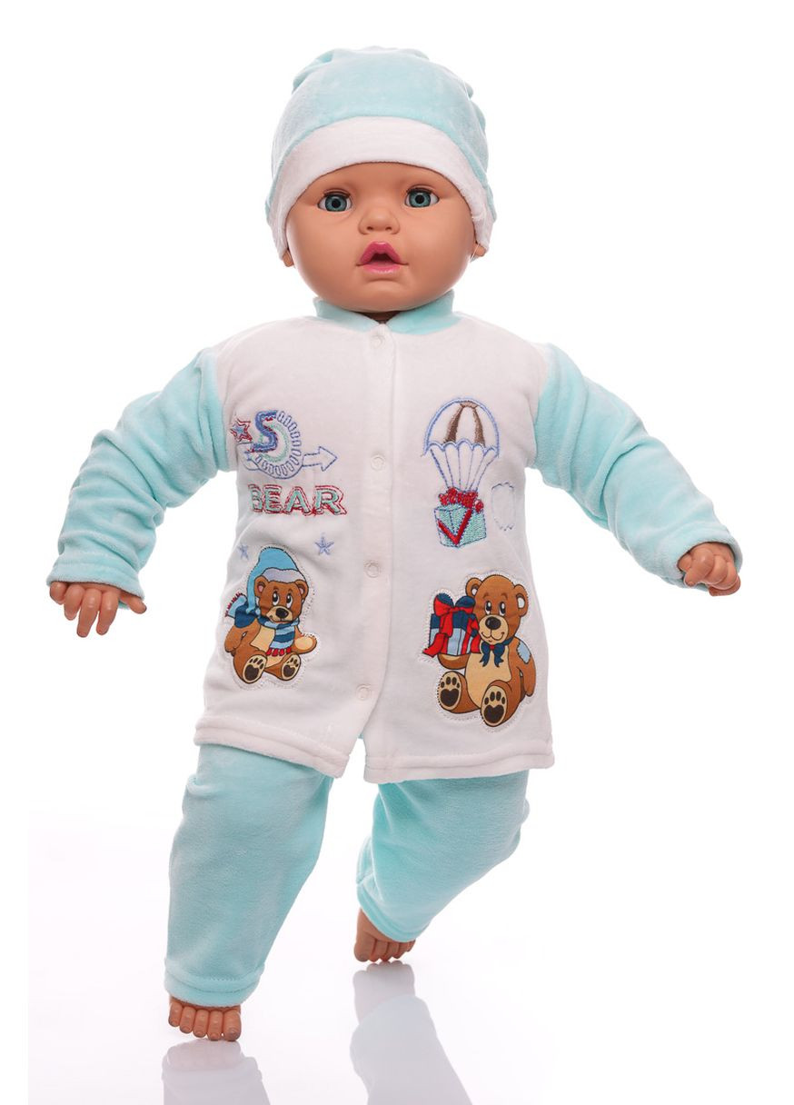 Блакитний зимній костюм з довгим рукавом для хлопчика велюровий з ведмедиками блакитний 68 см (26606) BABYKROHA