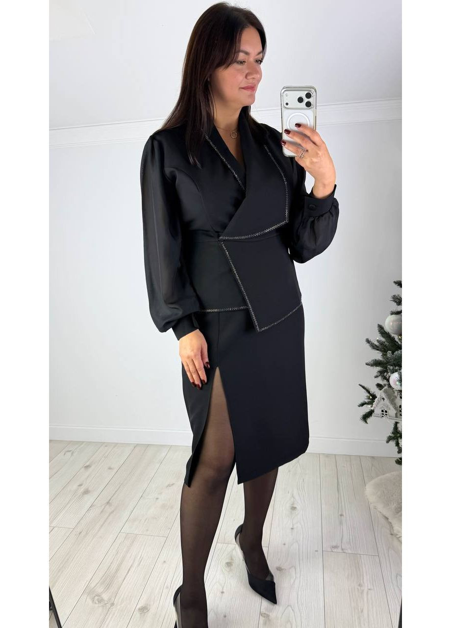 Чорна святковий плаття з креп-костюмки та шифону з термокамінням — заміри в описі силуетна DK/DL Мода без кордонів однотонна