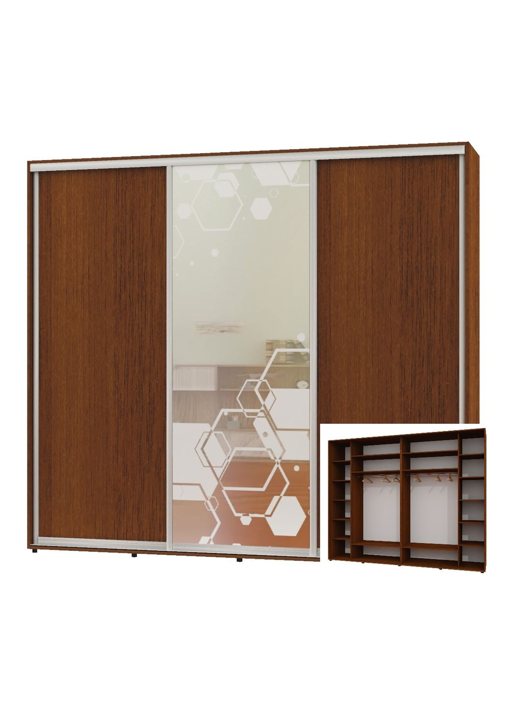 Шкаф-купе трехдверный 290*60*230 Орех лесной 2 ДСП/Зеркало с пескоструйным рисунком Люкс-149 Алекса (360458833)