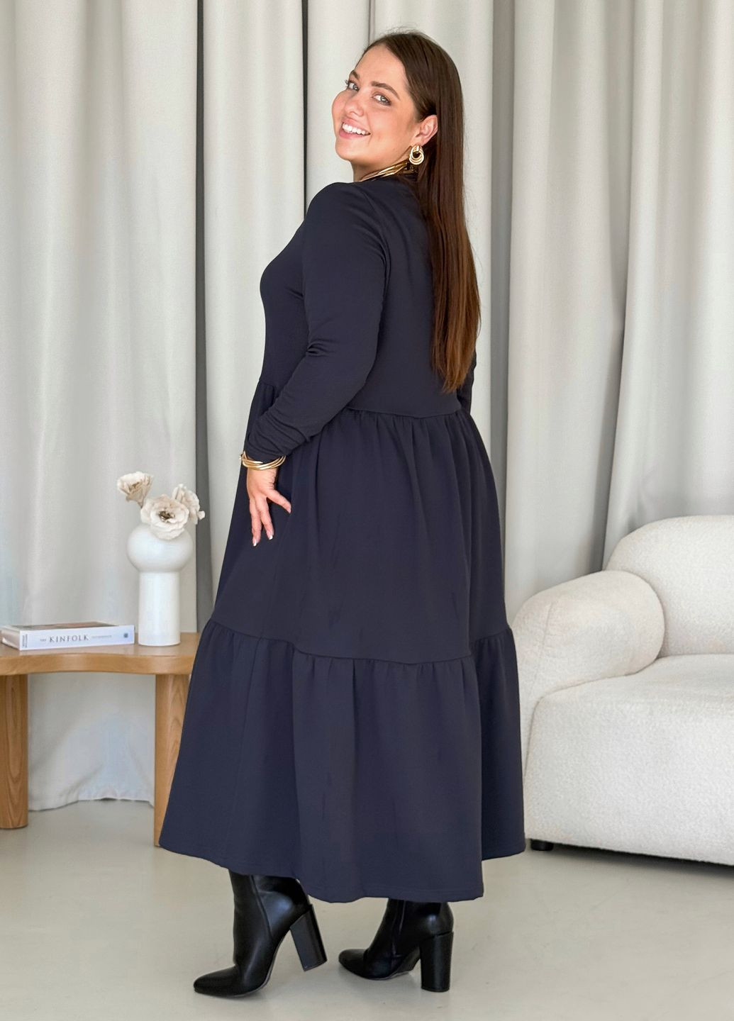 Серое повседневный теплое зимнее утепленное свободное платье трапеция рубчик на флисе (солоха в подарок) платье-свитшот, платье-водолазка, платье-свитер, силуэтная Merlini однотонное