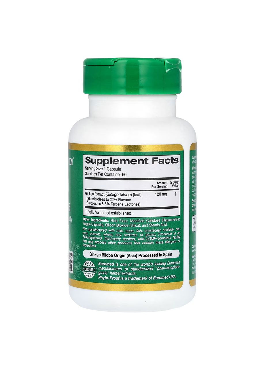 Гинкго билоба экстракт, 120 мг, 60 капсул California Gold Nutrition (314524020)
