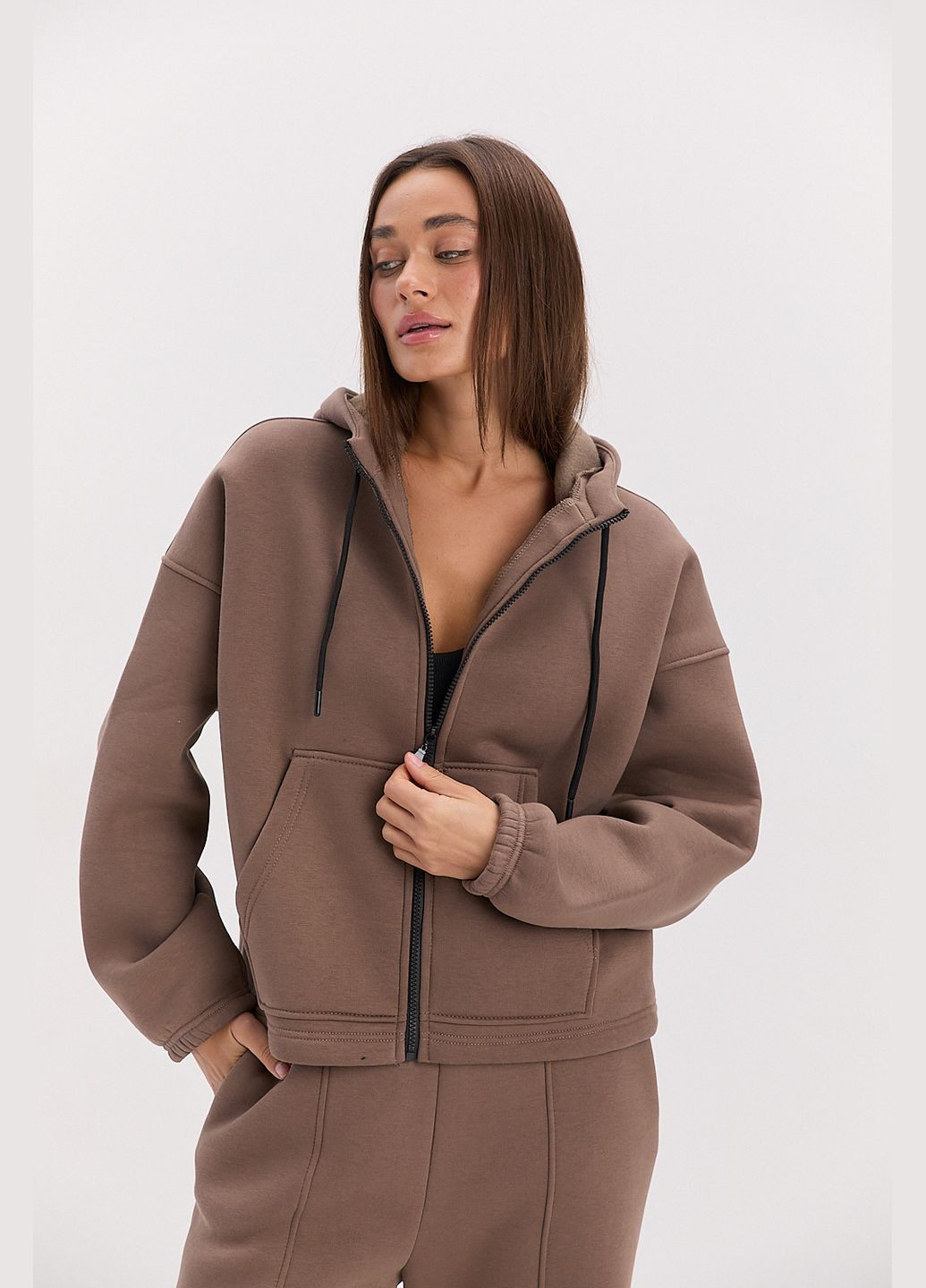 Коричневый женская толстовка на молнии шоколадная с кулиской внизу Arjen (314901638)