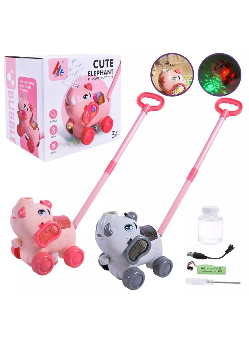 Каталка-игрушка слон с мыльными пузырями, светом и аккумулятором, на палочке, в ассортименте - No Brand 8523 (371928053)