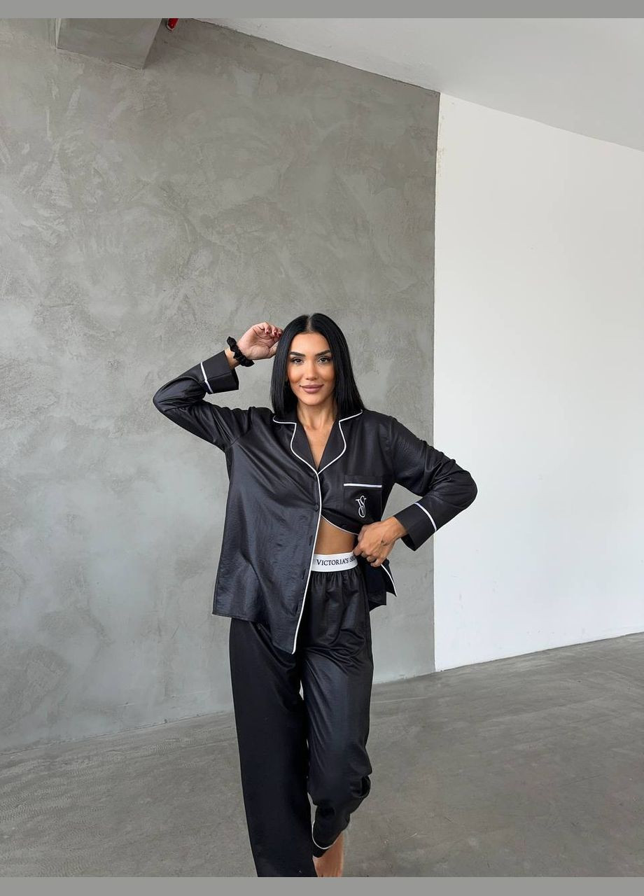 Чорна всесезон жіноча піжама сорочка + брюки No Brand