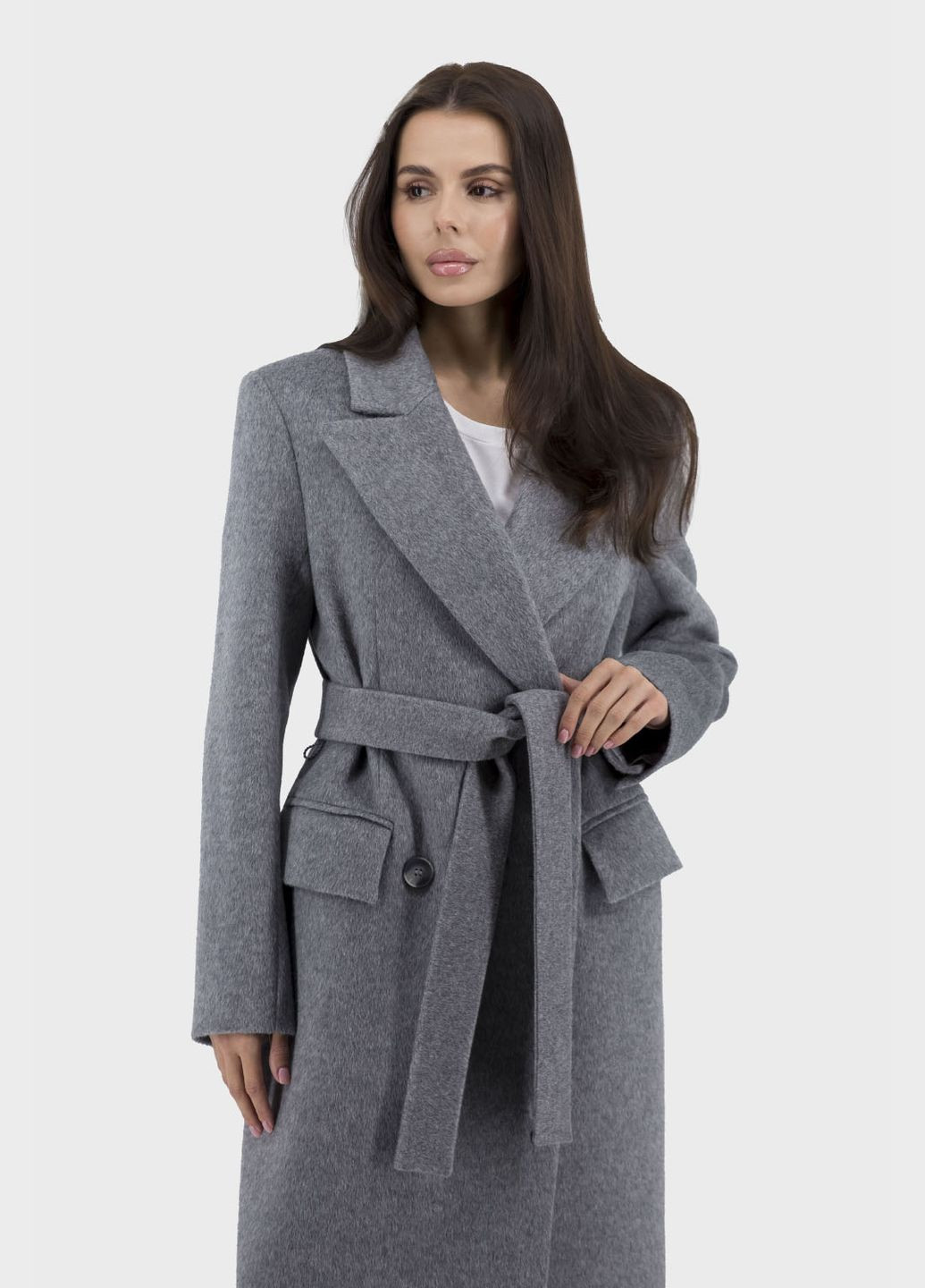 Світло-сіре демісезонне Жіноче класичне вовняне пальто з поясом, без утеплювача Stella Polare (світлосірий, ), 47735 No Brand