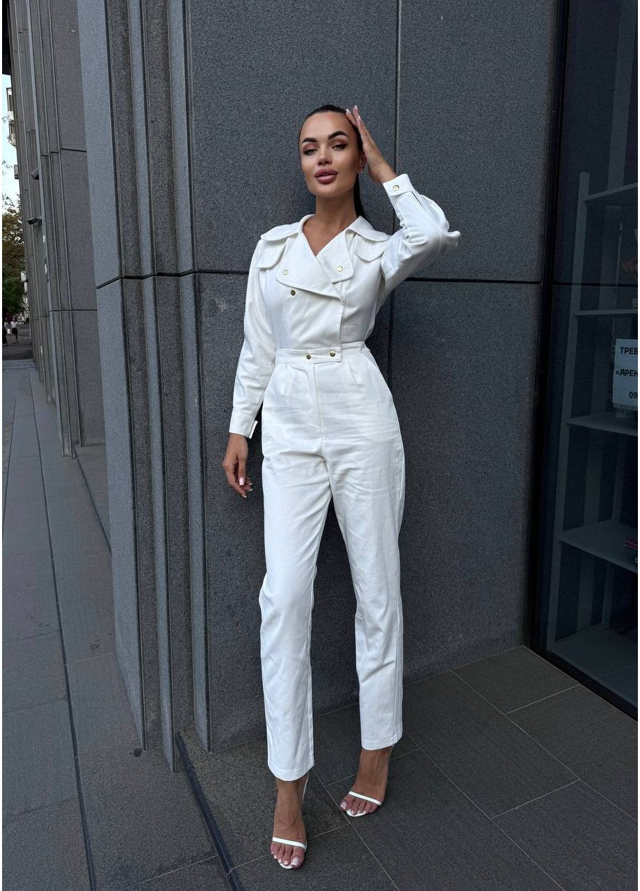 Роскошный комбинезон🌹 Україна комбинезон-брюки однотонный молочный праздничный, деловой, повседневный, кэжуал джинс
