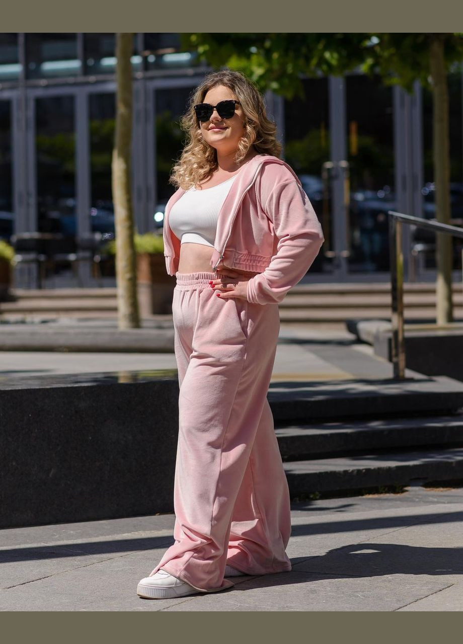 Жіночий костюм з велюру кофта на змійці з капюшоном та штани-палаццо Рожевий Maybel (294057692)