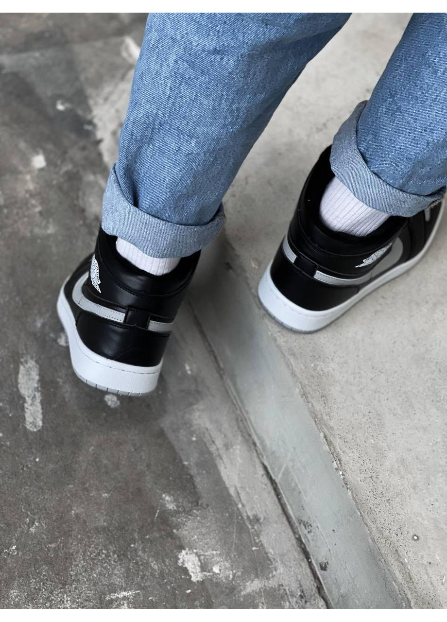 Серые зимние кроссовки мужские nike air jordan retro 1 high black grey swoosh найк аир джордан No Brand