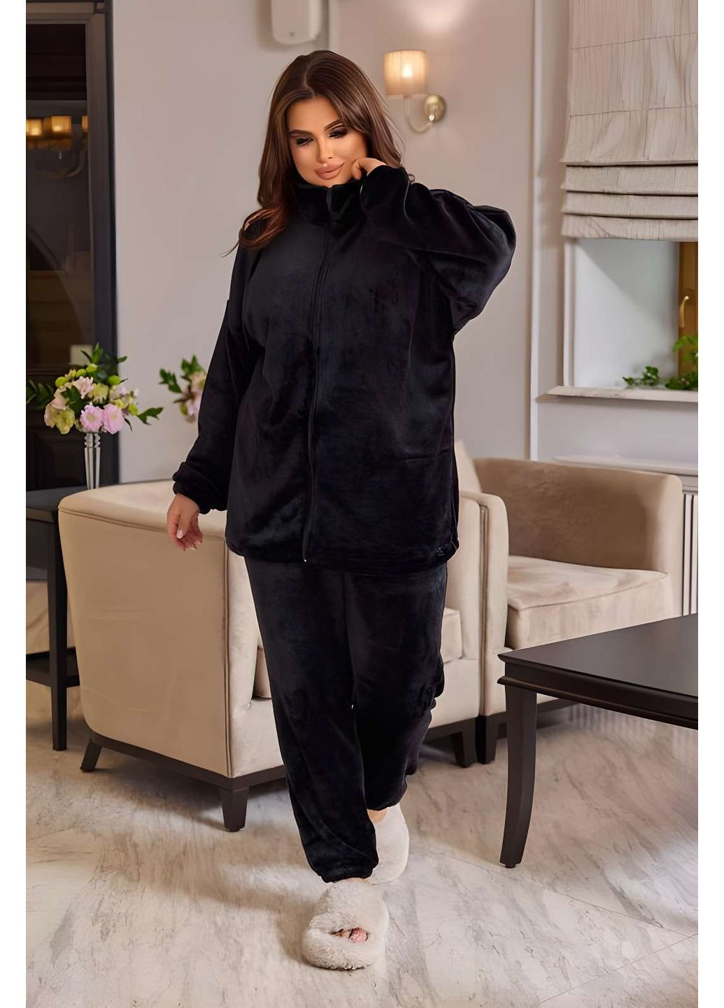 Черная зимняя женская качественная теплая мягкая пижама черная ментолова, теплый домашний костюм кофта и брюки Україна