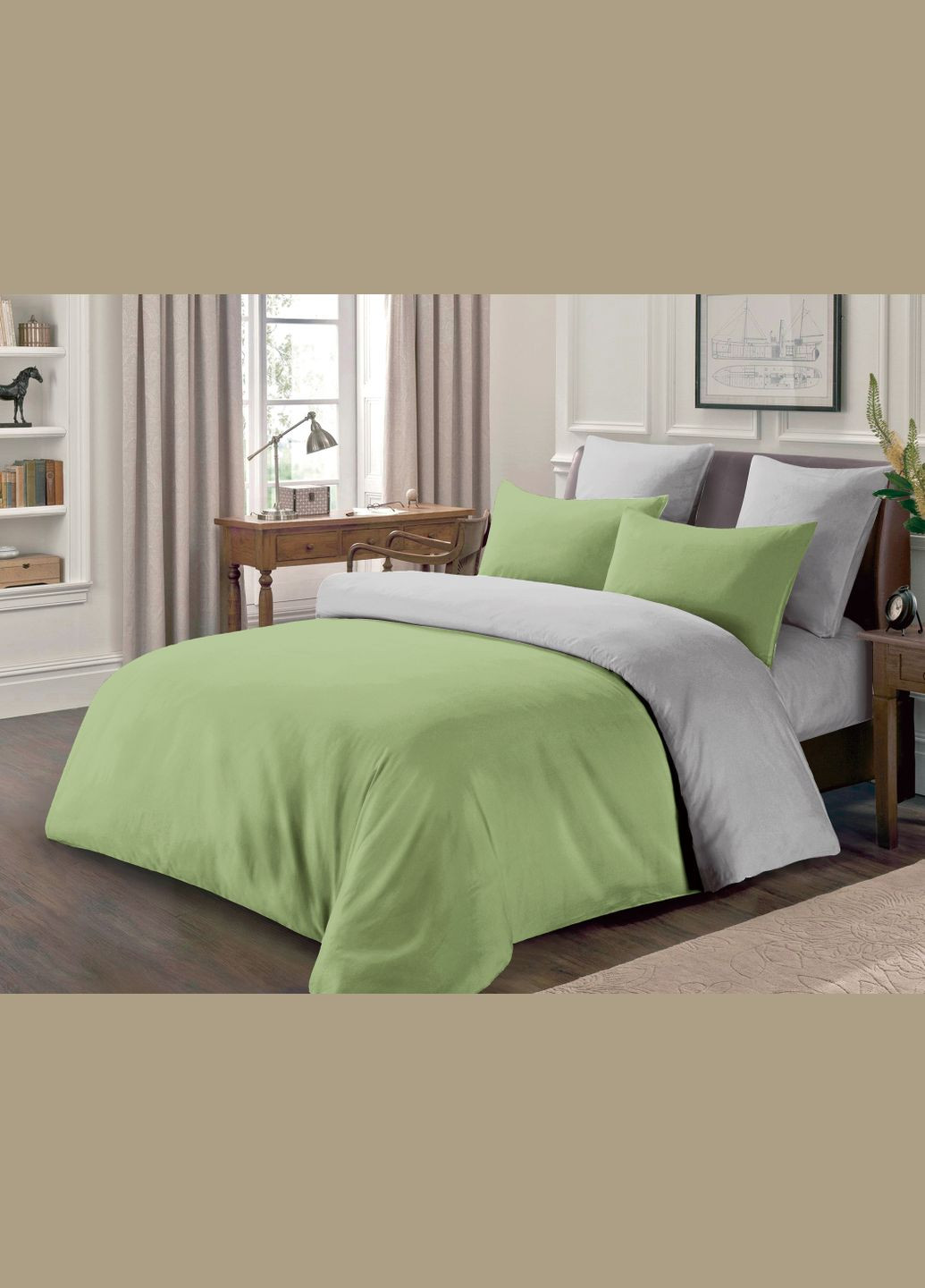 Постільна білизна Полісатин Оливкова-світло сіра 59/11 однотонна двостороння Євро Love You (300229046)