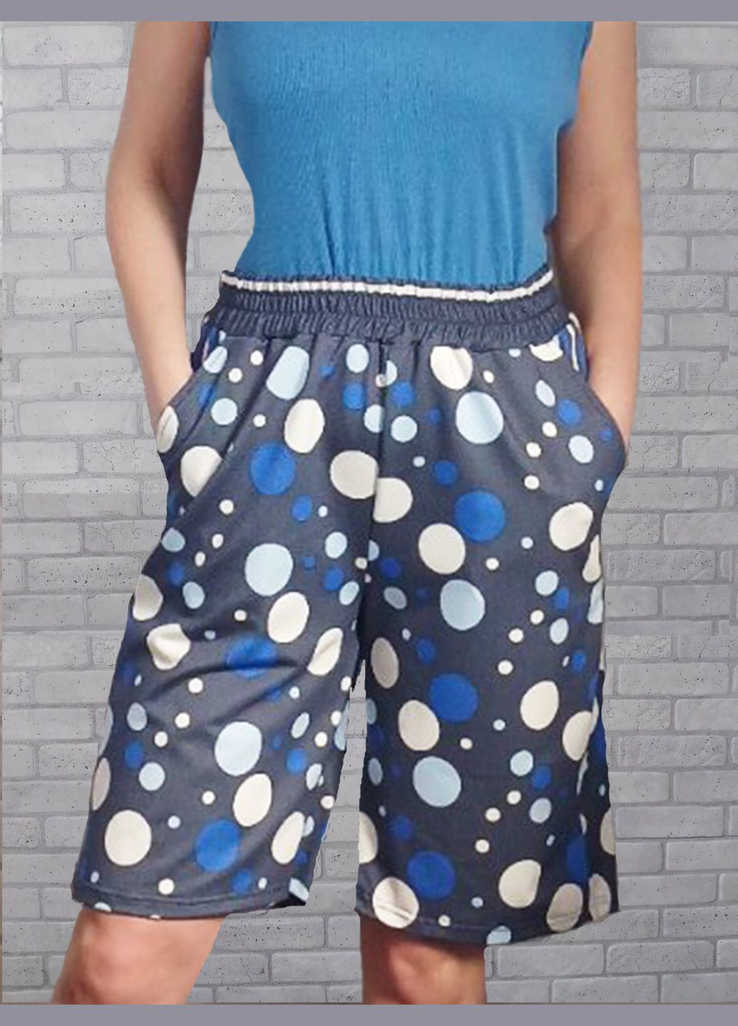 Шорти жіночі подовжені з кишенями у великий горох, стрейч джинс. No Brand (322250326)