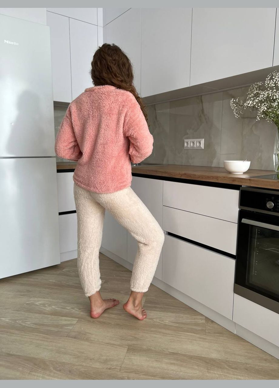 Розовая зимняя женская махровая пижама теплая зимняя кофта + брюки No Brand