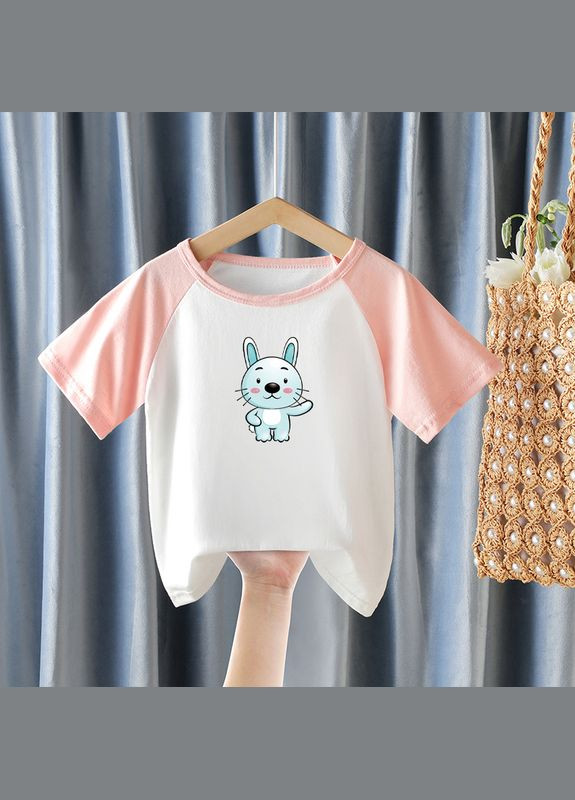 Розовая демисезонная футболка детская двухцветная с зайцем ( 90см ) (12143) Qoopixie