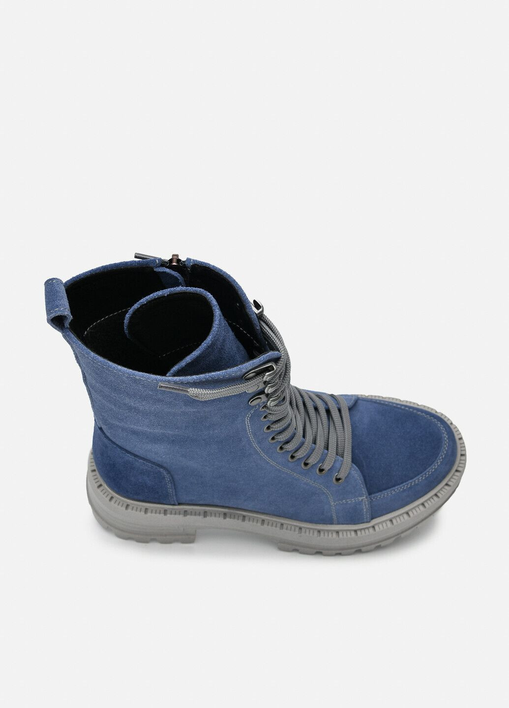 Осенние высокие демисезонные замшевые ботинки голубые на шнуровке и боковой молнии на высокой подошве (отшив 3 дня) берцы Paradize из натуральной замши
