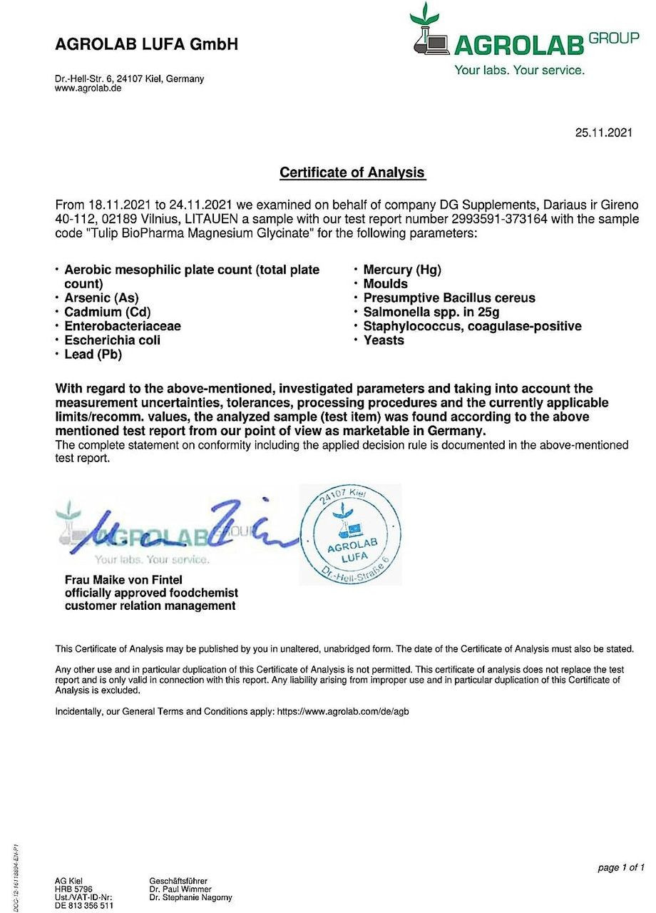 Магния глицинат 2000 мг Tulip 120 капсул Biopharma (299472066)